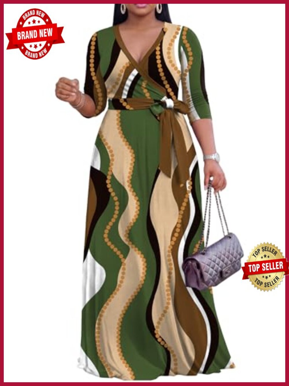 FANDEE Women's Maxi Dress V-Neck 3/4 Sleeve Casual Empire Waist Tie Belt Dress